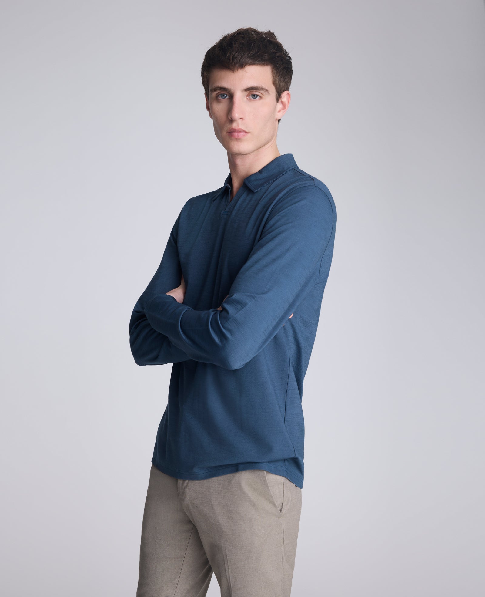 Performance Long Sleeve Johnny Collar Polo Medium Blue