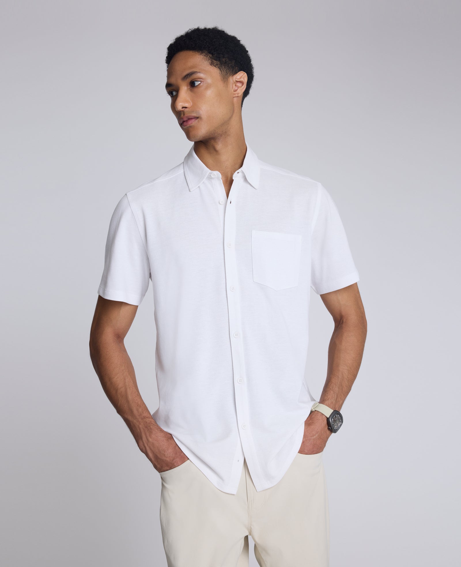 Short Sleeve Sportshirt with Chest Pocket White