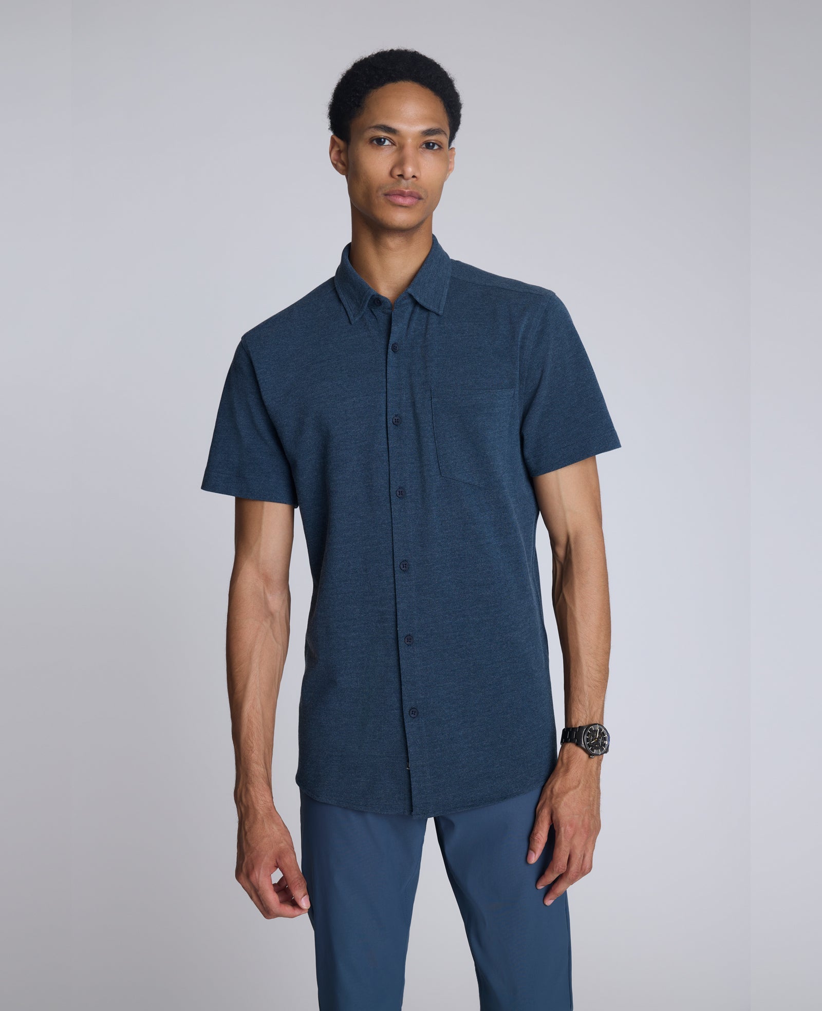 Short Sleeve Sportshirt with Chest Pocket Heather Blue