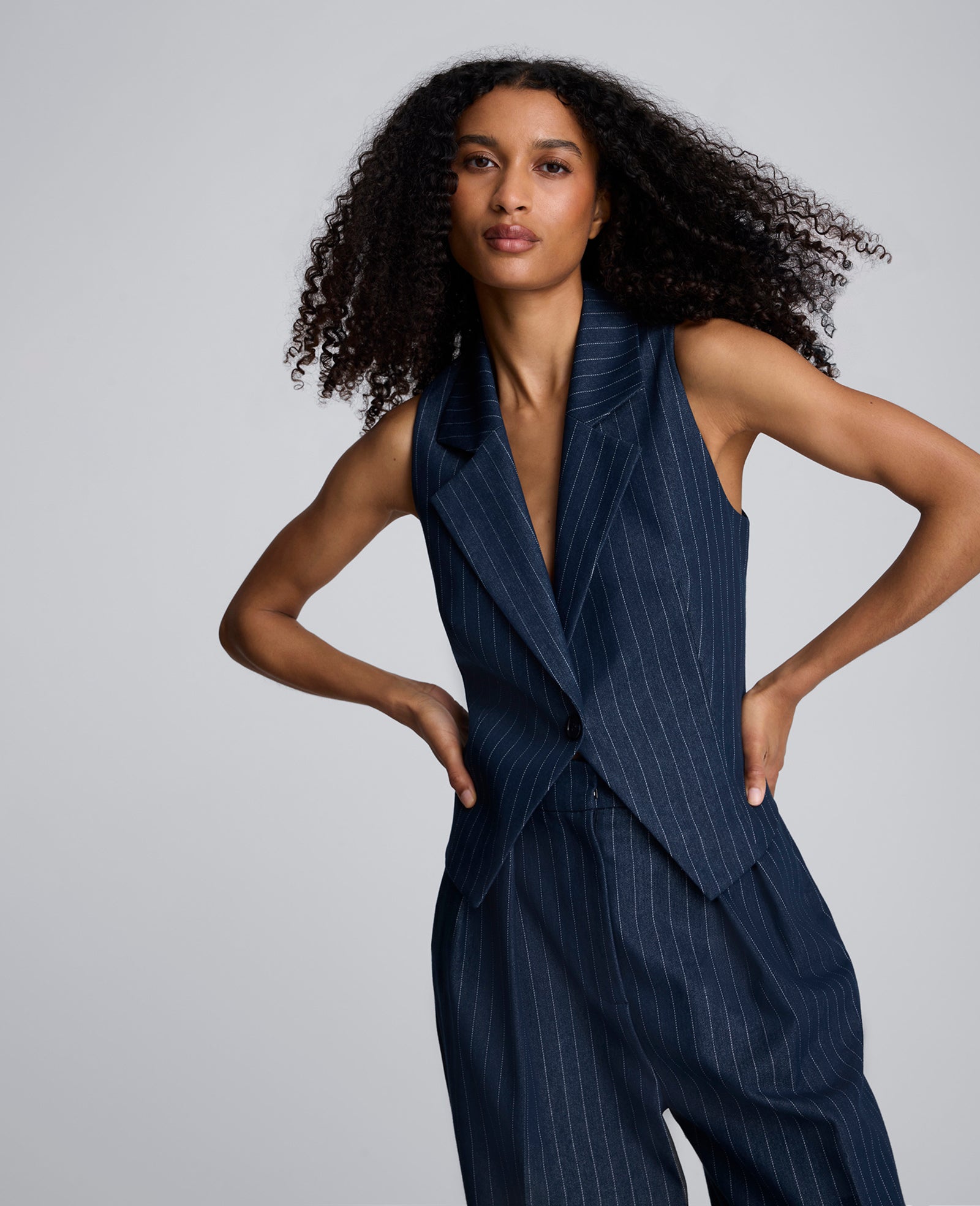 Pinstripe Fitted One Button Vest Dark Navy/White