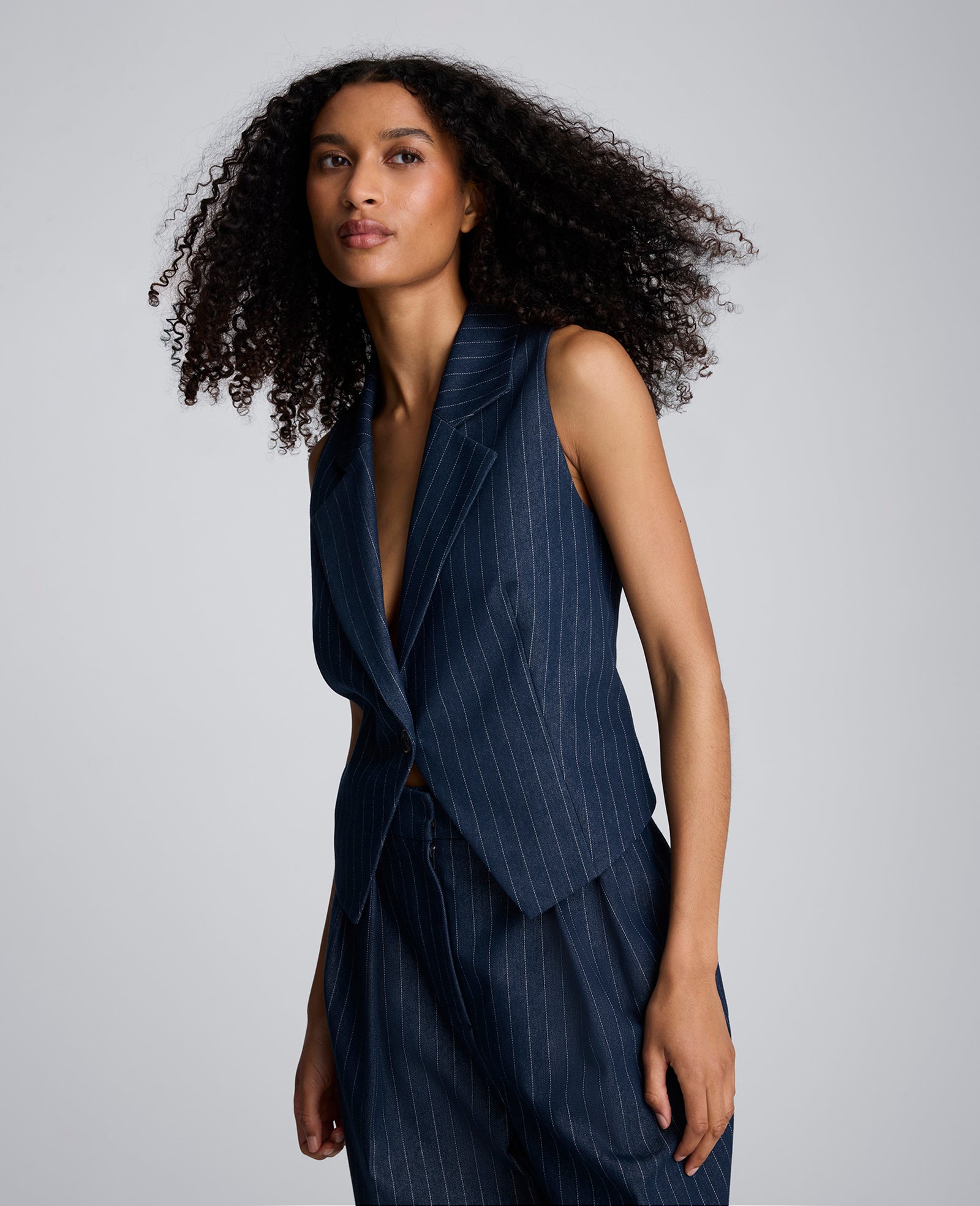 Pinstripe Fitted One Button Vest Dark Navy/White