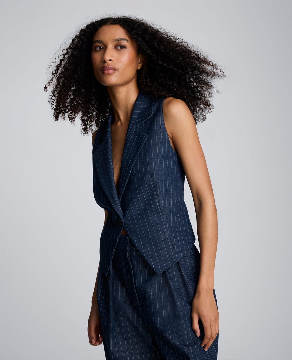 Pinstripe Fitted One Button Vest Dark Navy/White