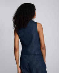 Pinstripe Fitted One Button Vest Dark Navy/White
