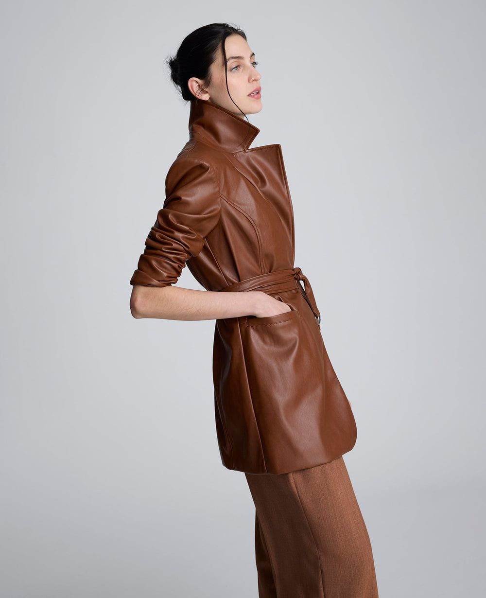Faux Leather Belted Trench Dark Umber