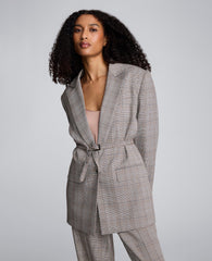 Plaid One Button Belted Jacket Pewter Green Multi