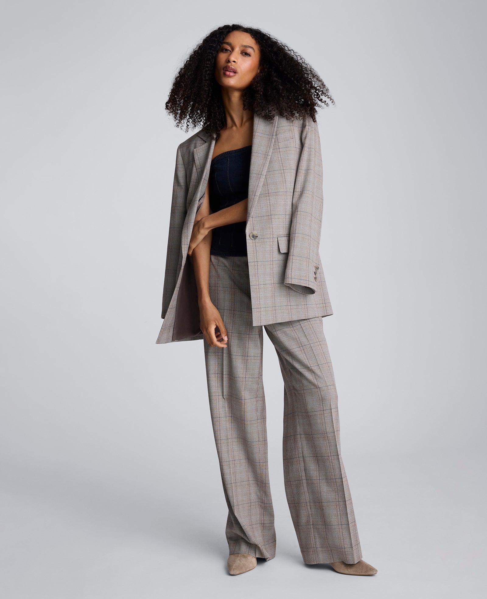 Plaid One Button Belted Jacket Pewter Green Multi