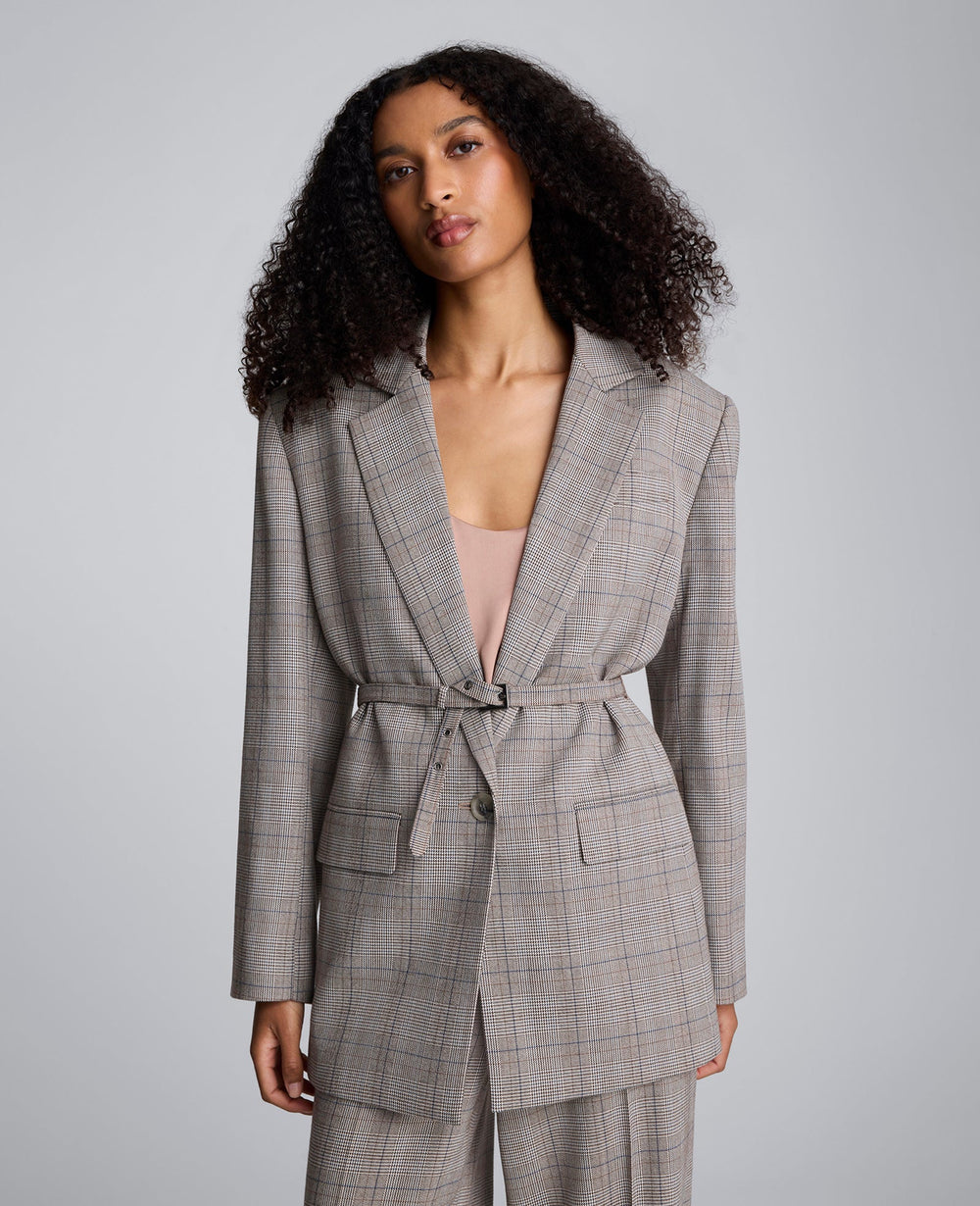 Plaid One Button Belted Jacket Pewter Green Multi