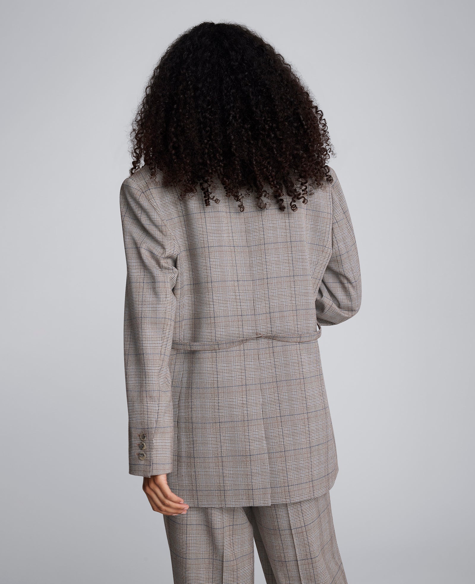 Plaid One Button Belted Jacket Pewter Green Multi