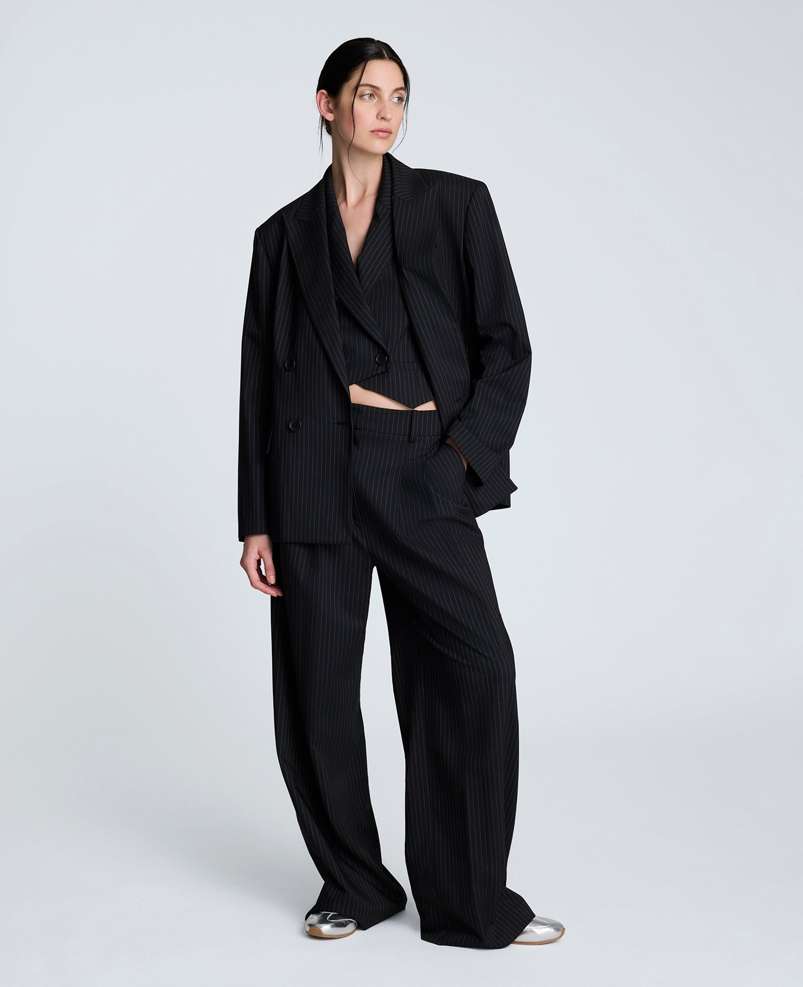 Pinstripe Double Breasted Boyfriend Jacket Black/Oyster