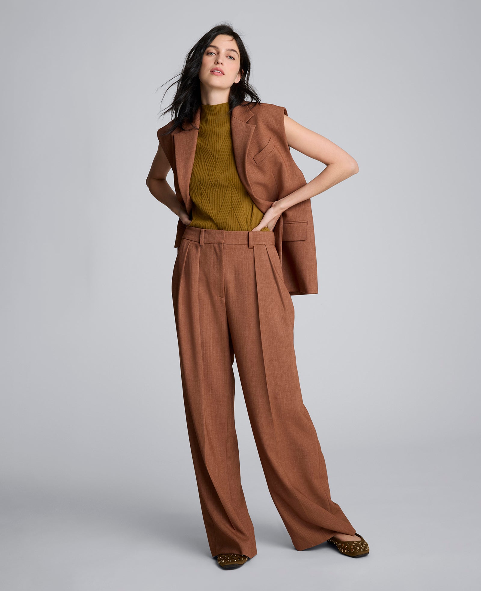 Melange High Rise Fly Front Double Pleat Wide Leg Pant Russet Melange