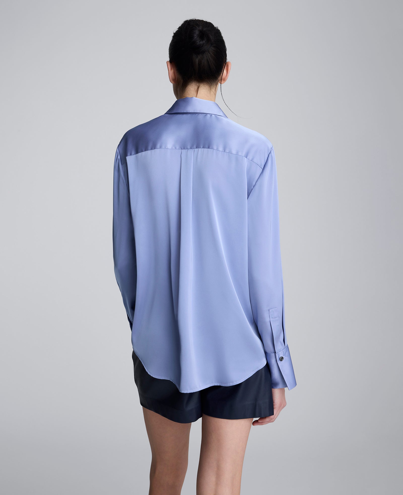 Satin Button Front Blouse Blue Grey