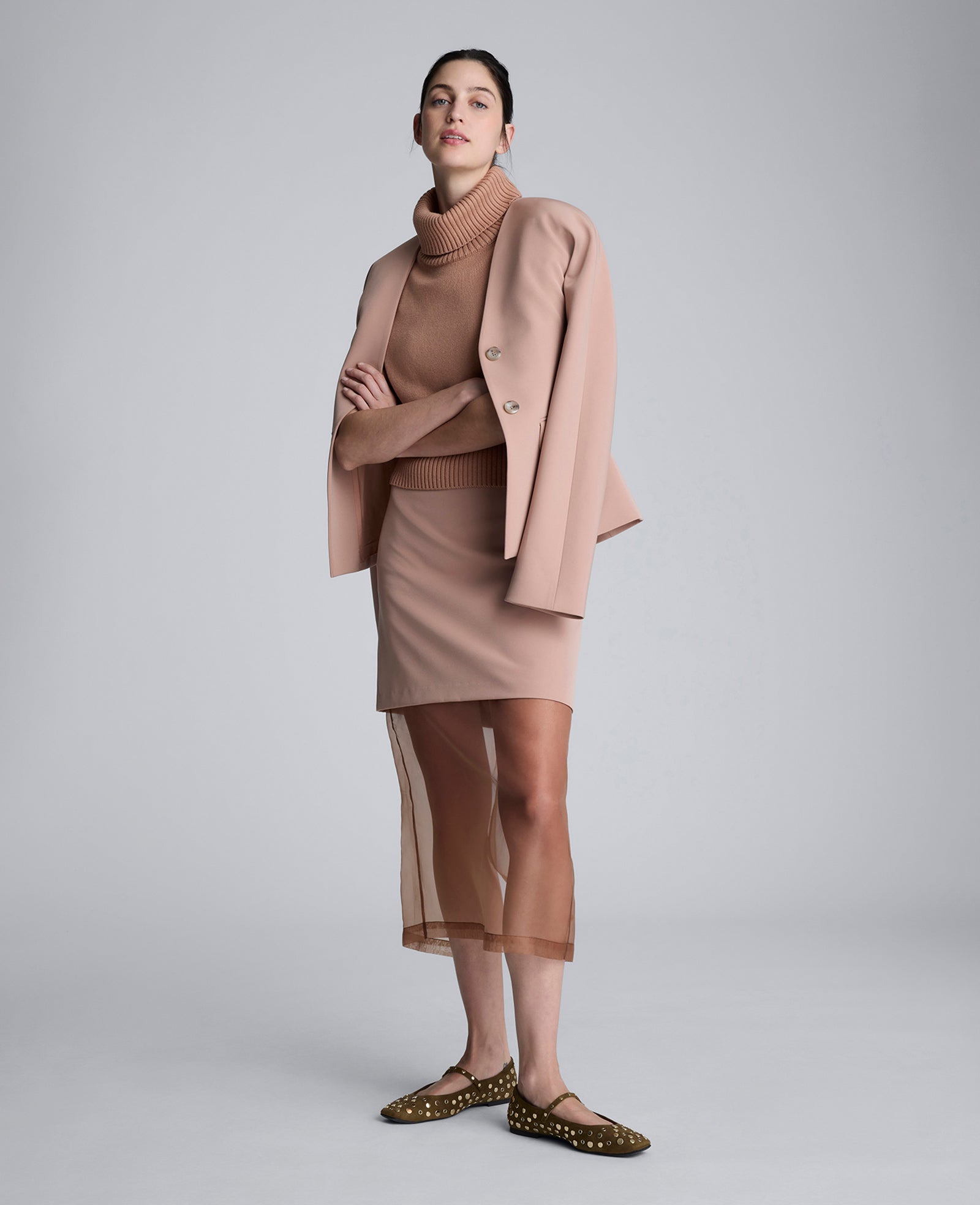 Sleeveless Mockneck Sweater with Shoulder Pads Pale Chestnut