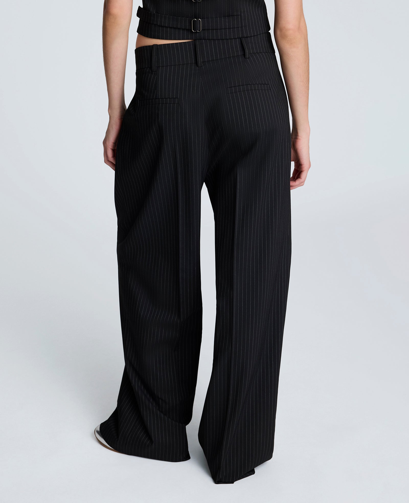 Pinstripe Pleat Front Wide Leg Pant Black/Oyster