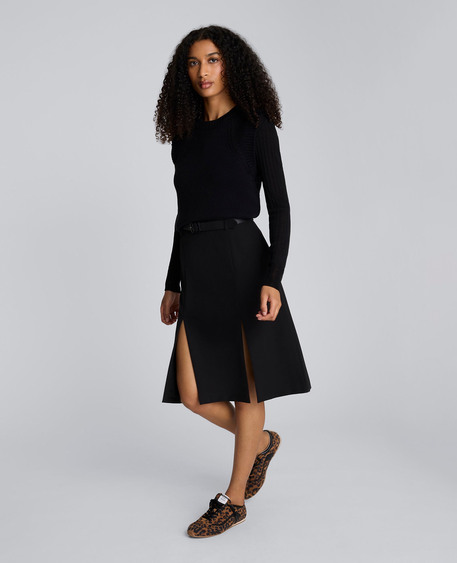 Luxe Twill Paneled Skirt with Slits Black