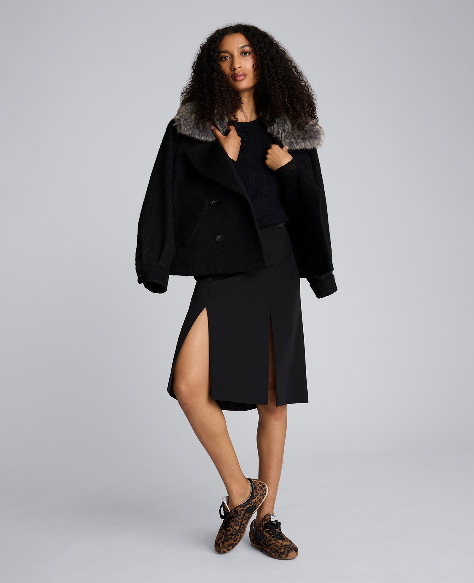 Luxe Twill Paneled Skirt with Slits Black