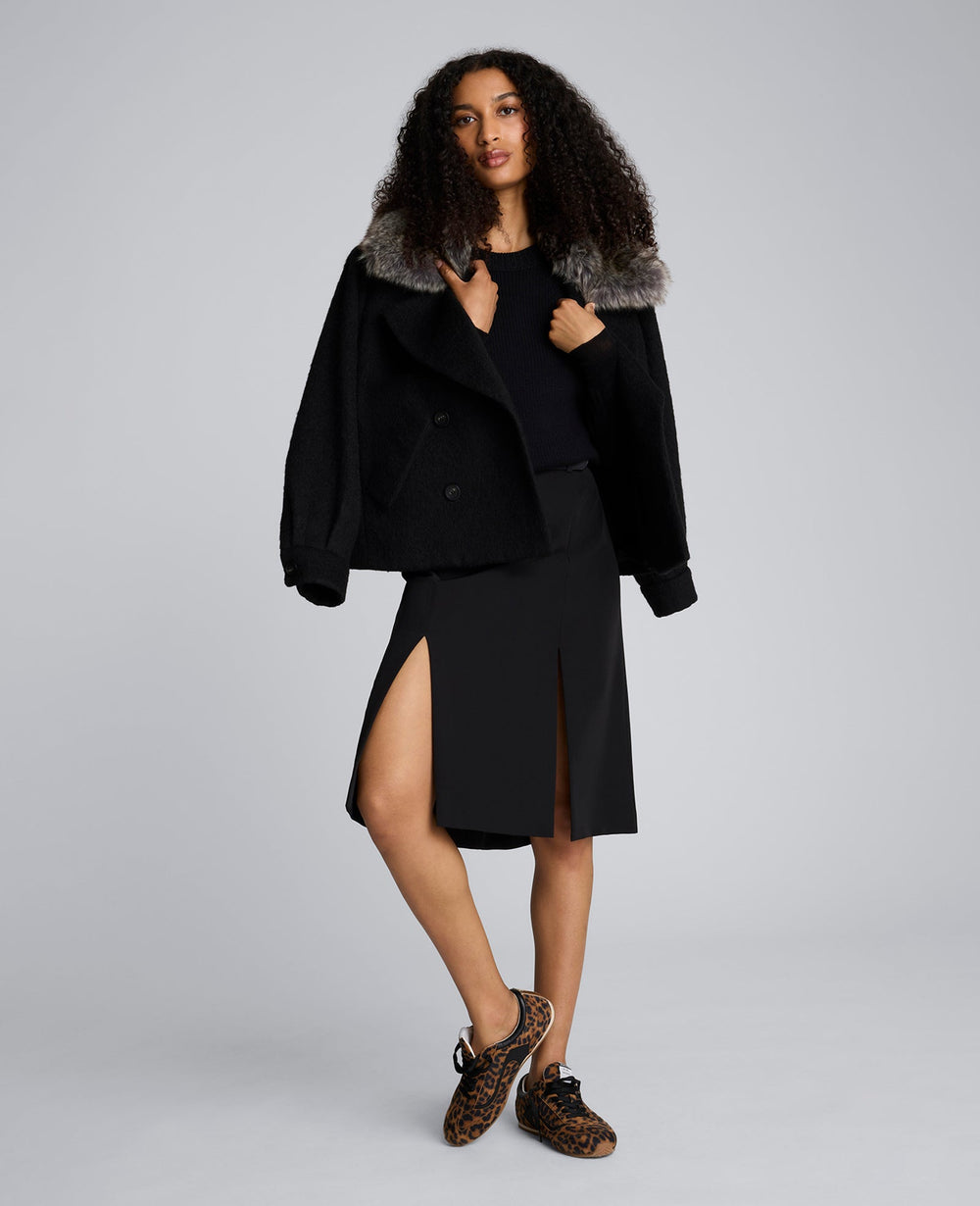 Luxe Twill Paneled Skirt with Slits Black