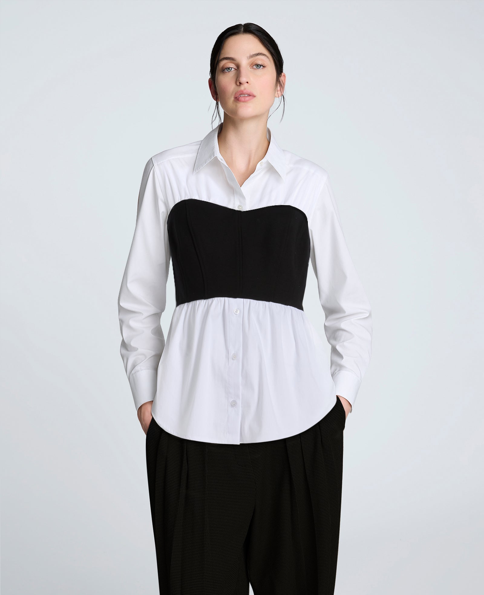 Poplin Long Sleeve Shirt with Bustier Pure White