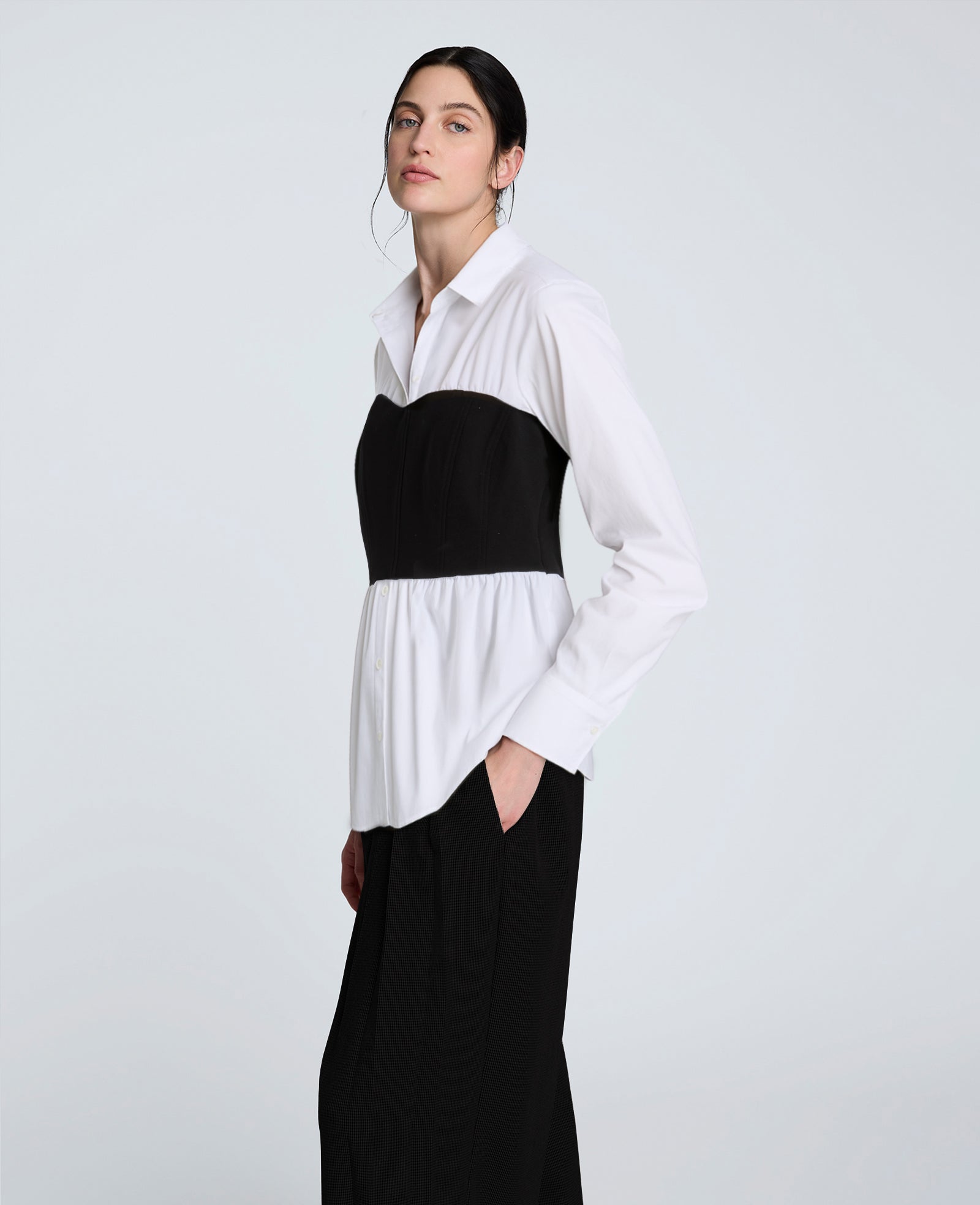 Poplin Long Sleeve Shirt with Bustier Pure White