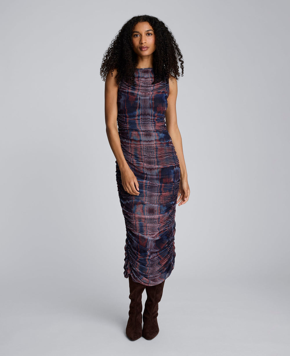 Printed Mesh Fully Ruched Modern Midi Dress Dark Navy Multi