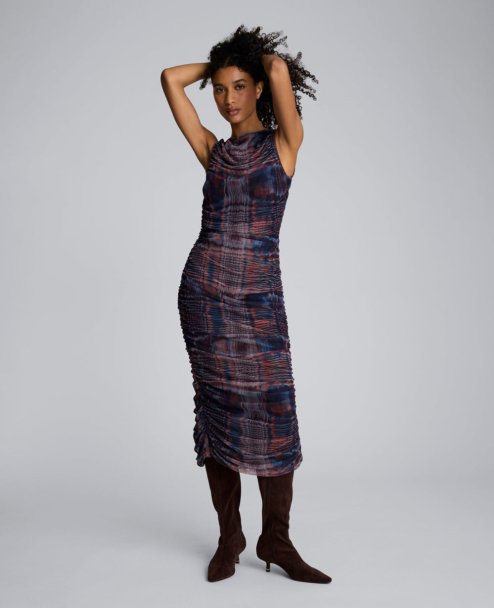 Printed Mesh Fully Ruched Modern Midi Dress Dark Navy Multi
