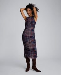 Printed Mesh Fully Ruched Modern Midi Dress Dark Navy Multi