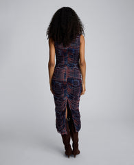 Printed Mesh Fully Ruched Modern Midi Dress Dark Navy Multi