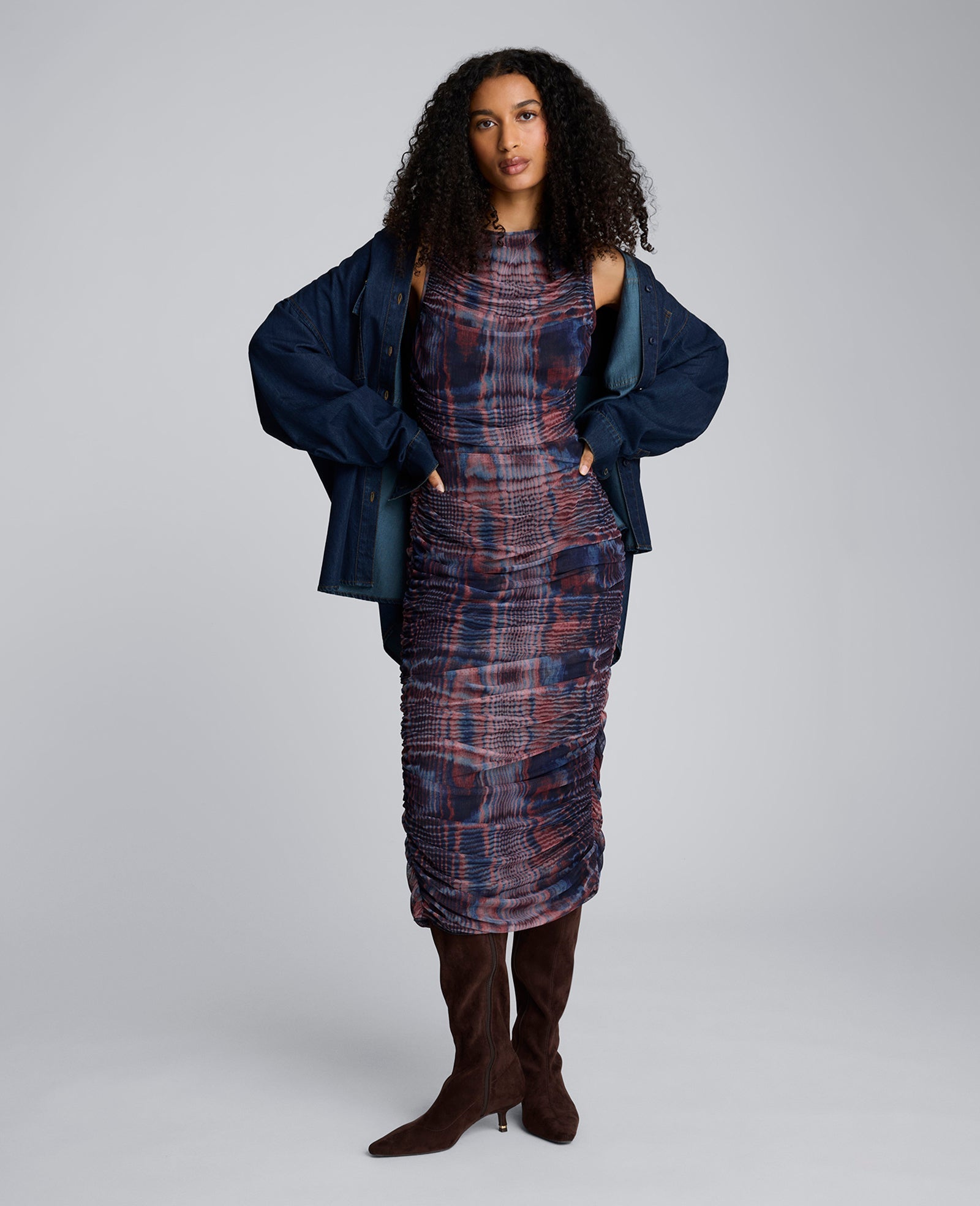 Printed Mesh Fully Ruched Modern Midi Dress Dark Navy Multi