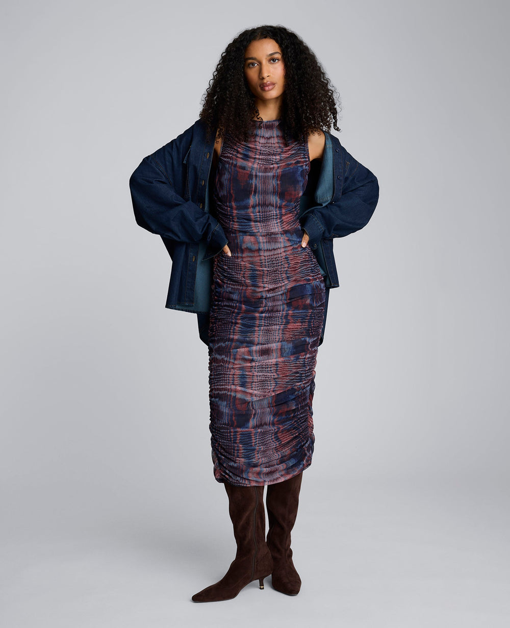 Printed Mesh Fully Ruched Modern Midi Dress Dark Navy Multi