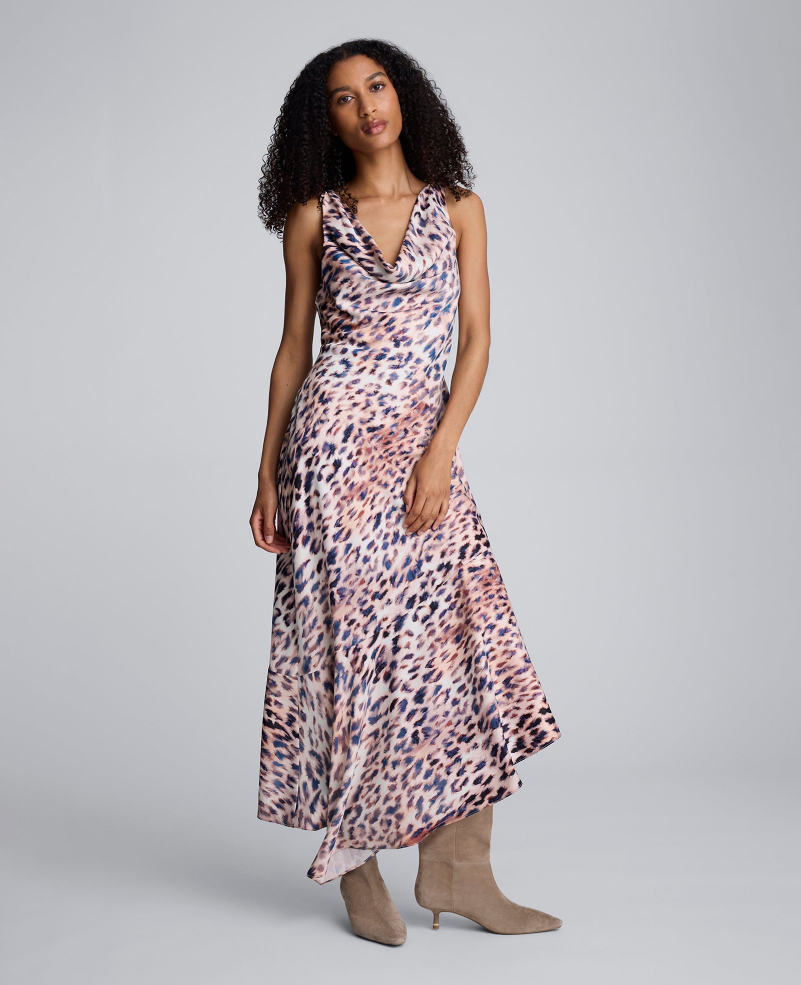 Printed Satin Asymmetric Hem Cowl Front Dress Russet Multi