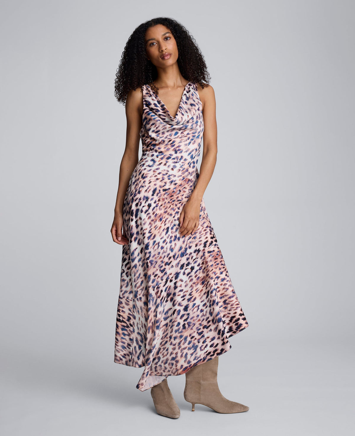 Printed Satin Asymmetric Hem Cowl Front Dress Russet Multi
