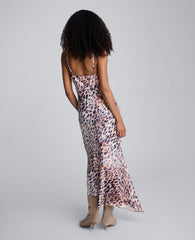 Printed Satin Asymmetric Hem Cowl Front Dress Russet Multi
