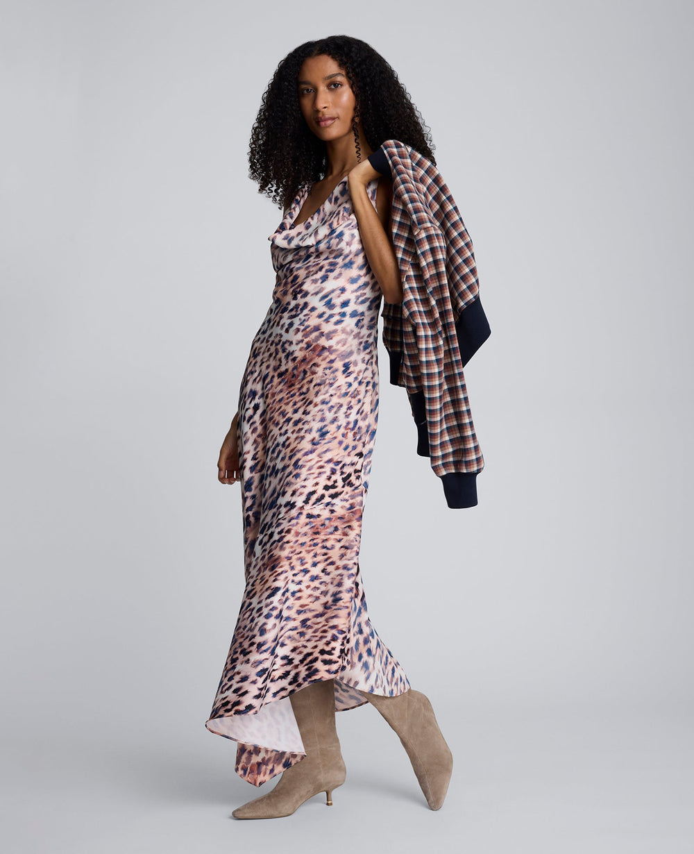 Printed Satin Asymmetric Hem Cowl Front Dress Russet Multi