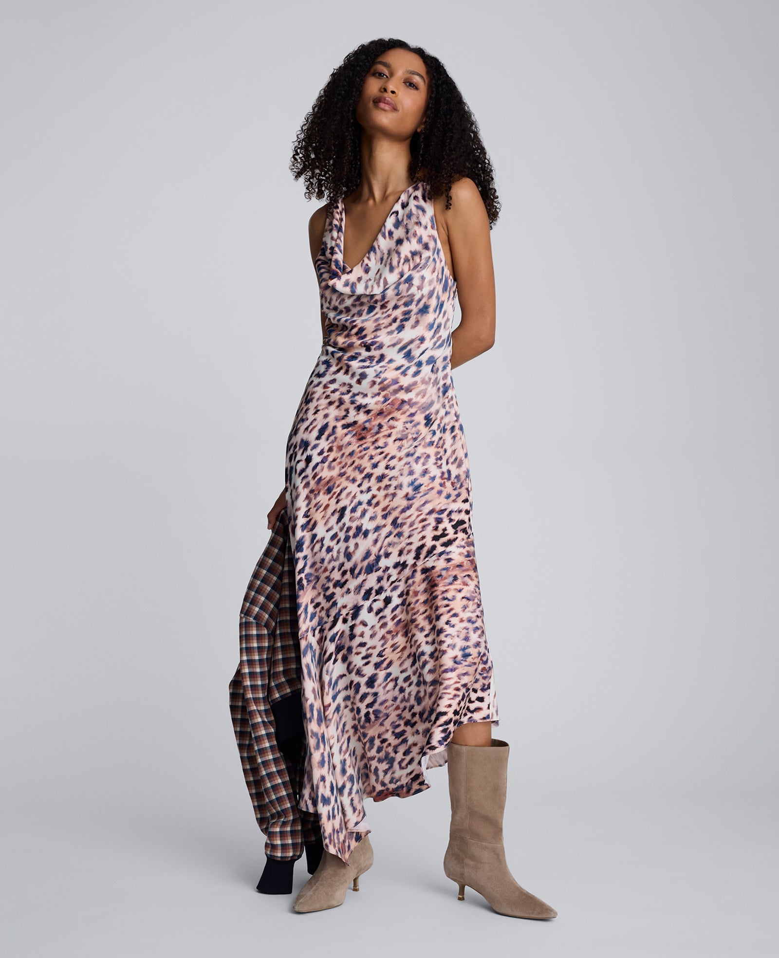 Printed Satin Asymmetric Hem Cowl Front Dress Russet Multi
