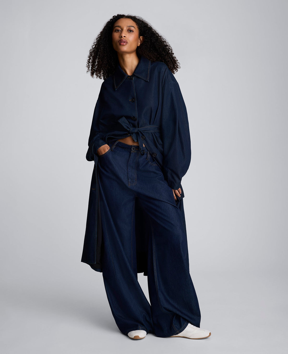 Drapey Denim Long Belted Trench Ocean Rinse Wash