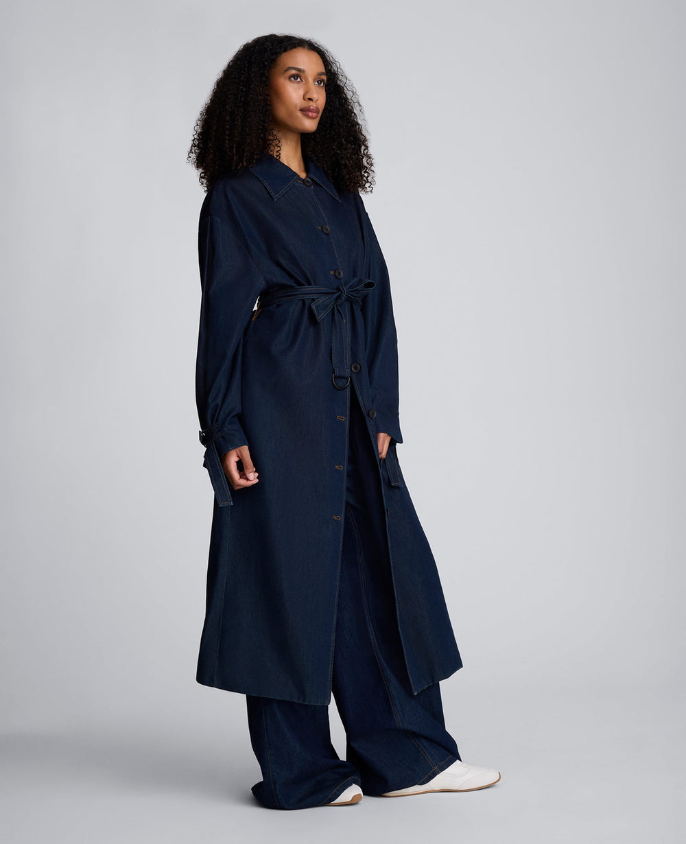 Drapey Denim Long Belted Trench Ocean Rinse Wash