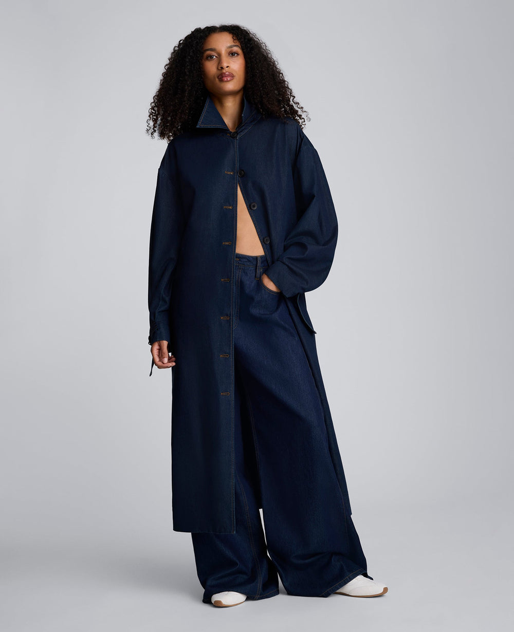 Drapey Denim Long Belted Trench Ocean Rinse Wash