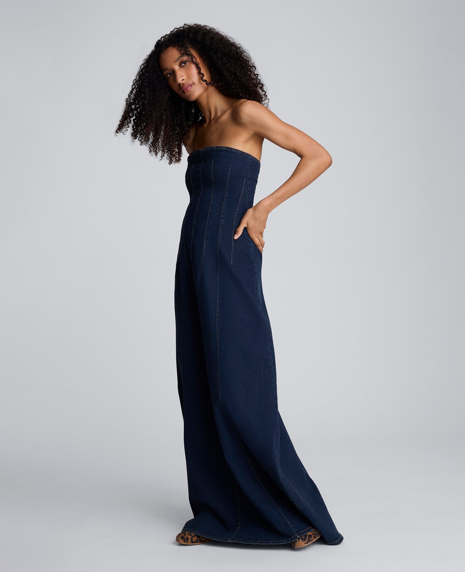 Strapless Denim Maxi Dress with Seaming Midnight Rinse Wash