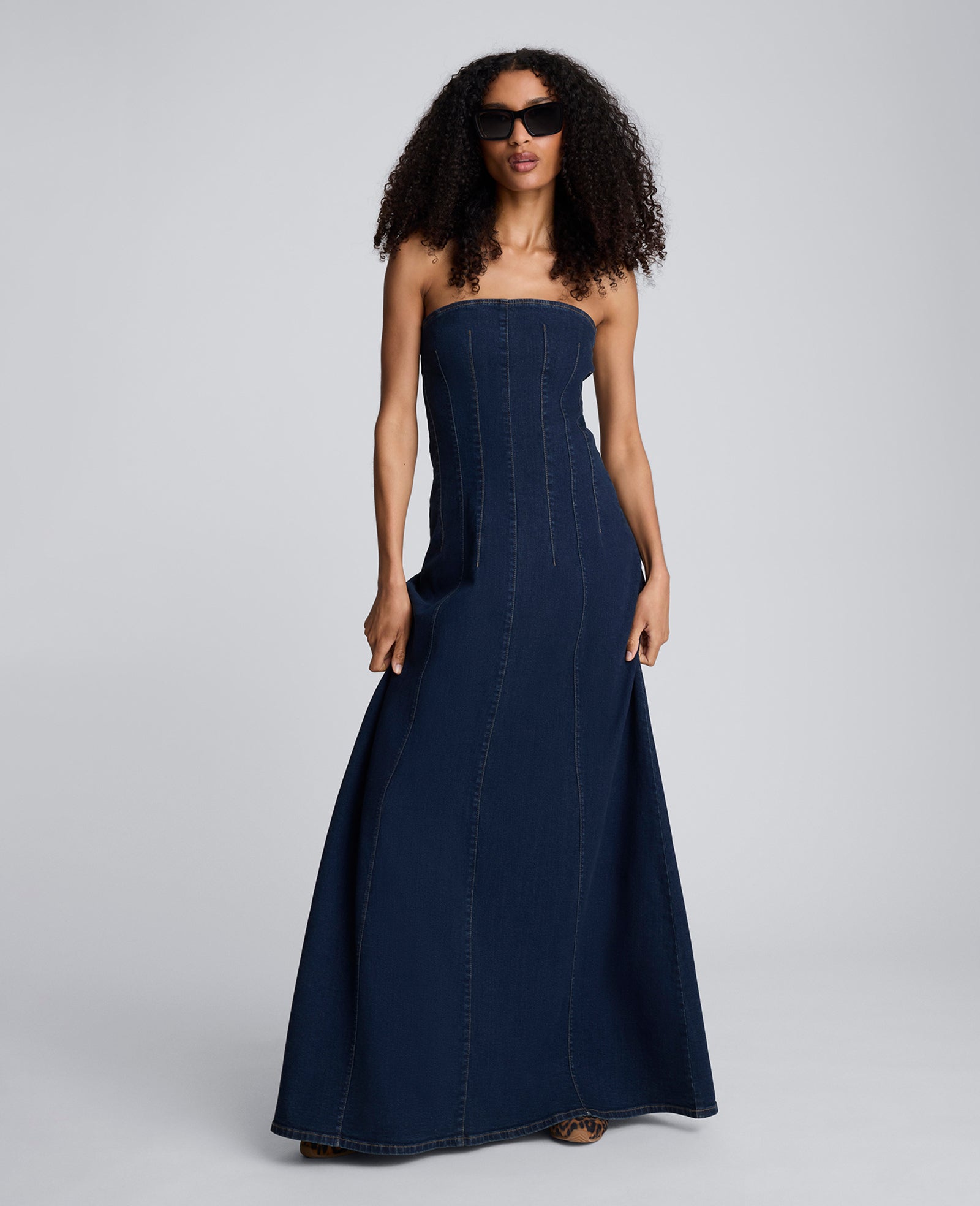 Strapless Denim Maxi Dress with Seaming Midnight Rinse Wash