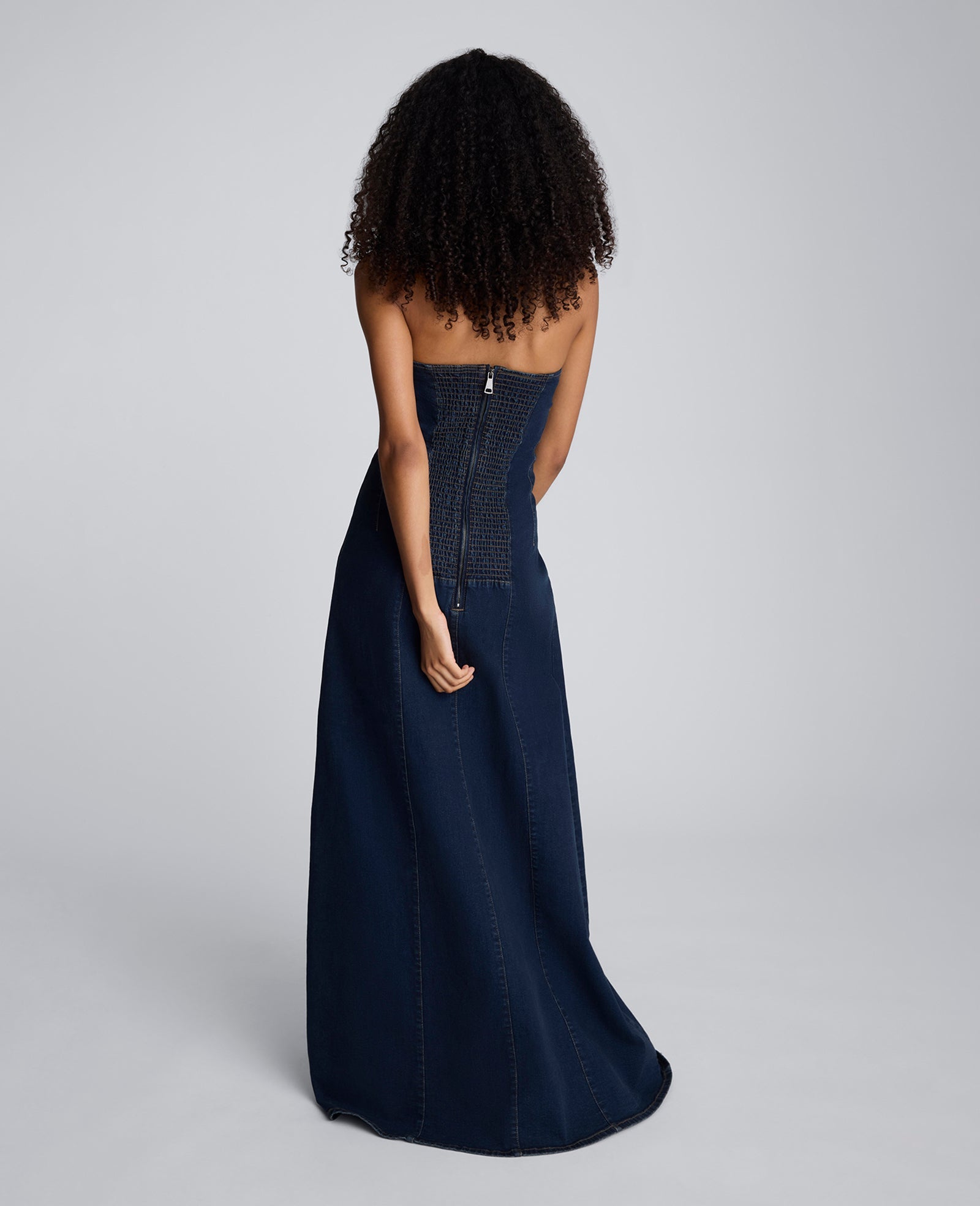 Strapless Denim Maxi Dress with Seaming Midnight Rinse Wash