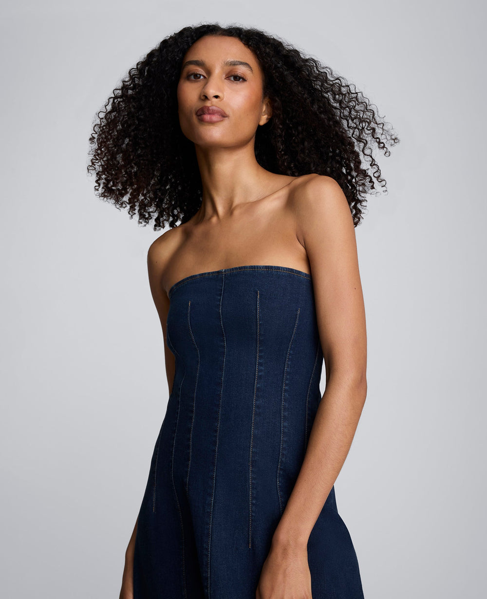 Strapless Denim Maxi Dress with Seaming Midnight Rinse Wash