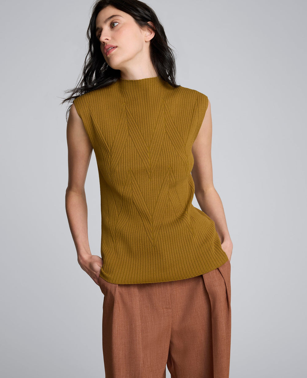 Large Chevron Stitch Sleeveless Mock Neck Sweater Dk Moss