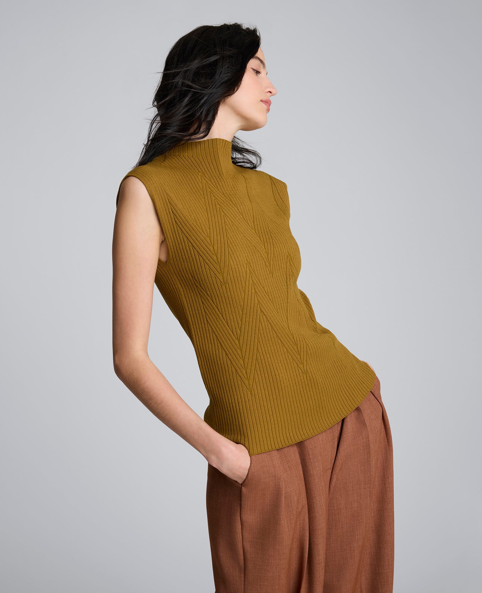 Large Chevron Stitch Sleeveless Mock Neck Sweater Dk Moss