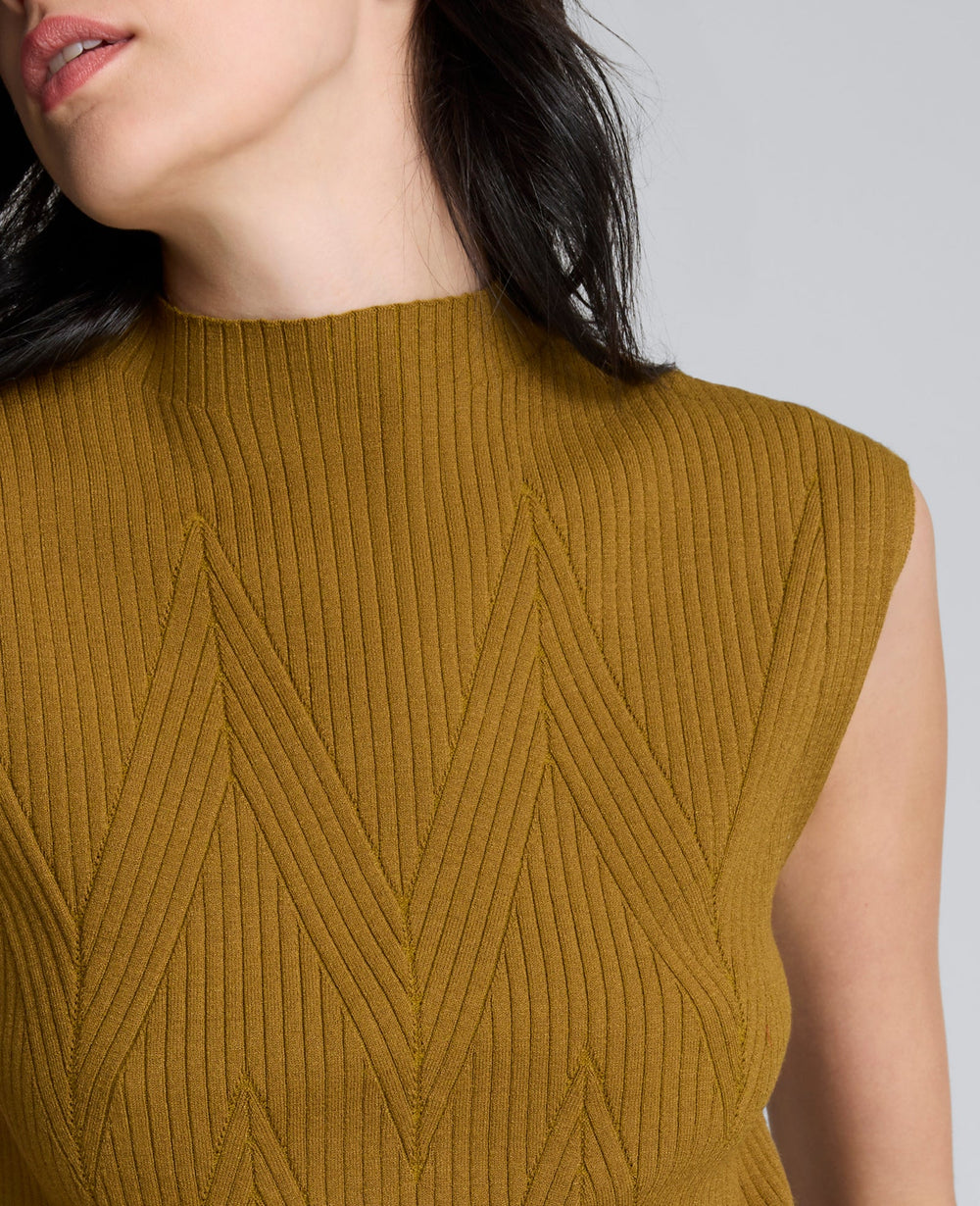 Large Chevron Stitch Sleeveless Mock Neck Sweater Dk Moss