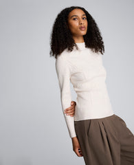 Mock Neck Long Sleeve Rib Chevron Sweater Almond Milk Heather