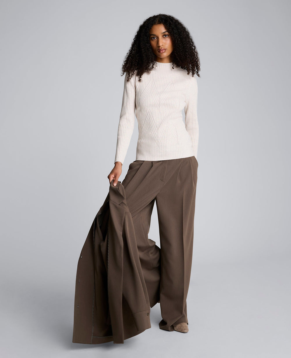 Mock Neck Long Sleeve Rib Chevron Sweater Almond Milk Heather