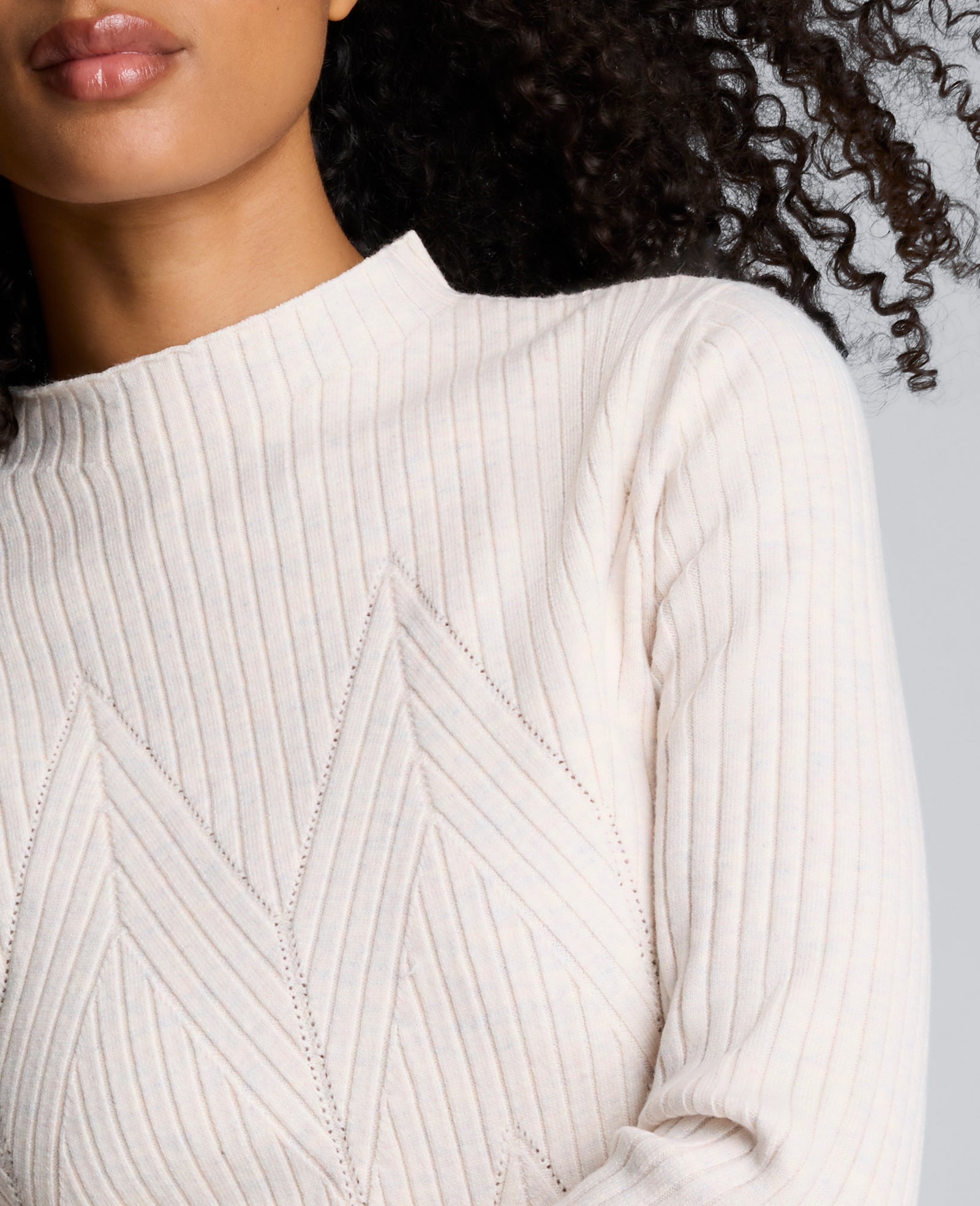 Mock Neck Long Sleeve Rib Chevron Sweater Almond Milk Heather