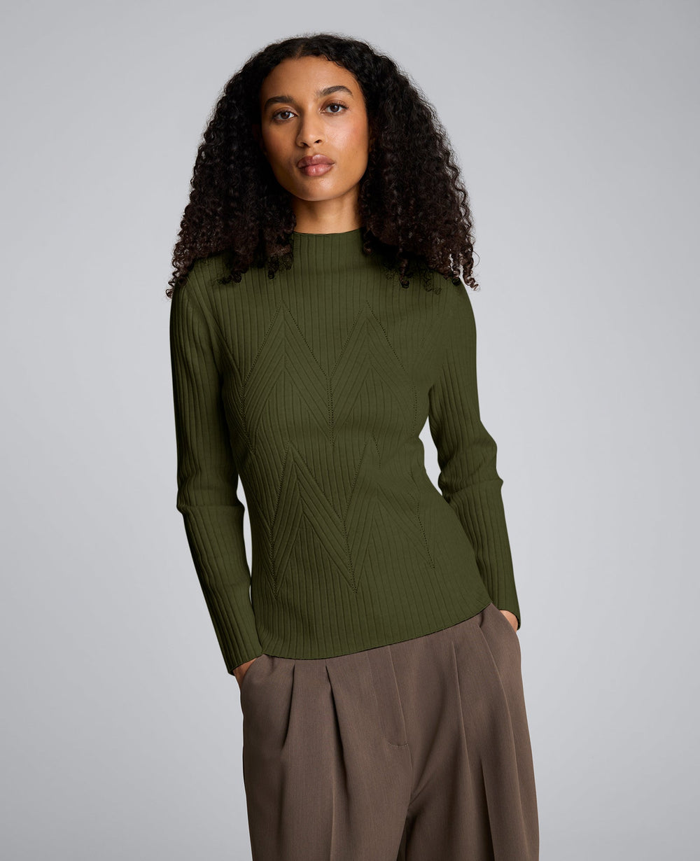 Mock Neck Long Sleeve Rib Chevron Sweater Olive Green