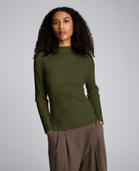 Mock Neck Long Sleeve Rib Chevron Sweater Olive Green