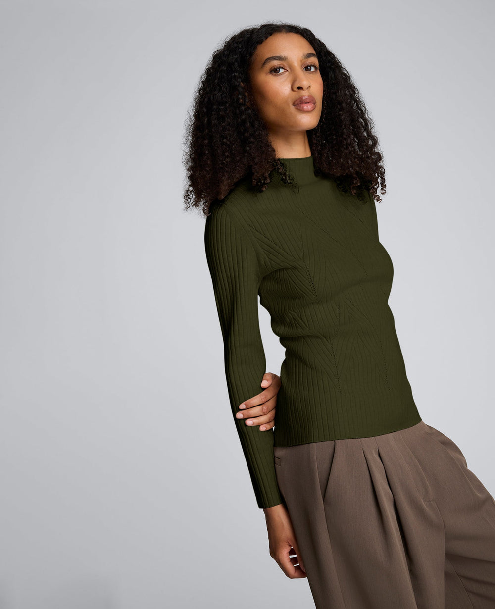 Mock Neck Long Sleeve Rib Chevron Sweater Olive Green