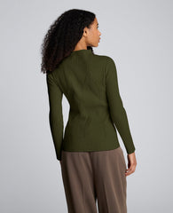 Mock Neck Long Sleeve Rib Chevron Sweater Olive Green